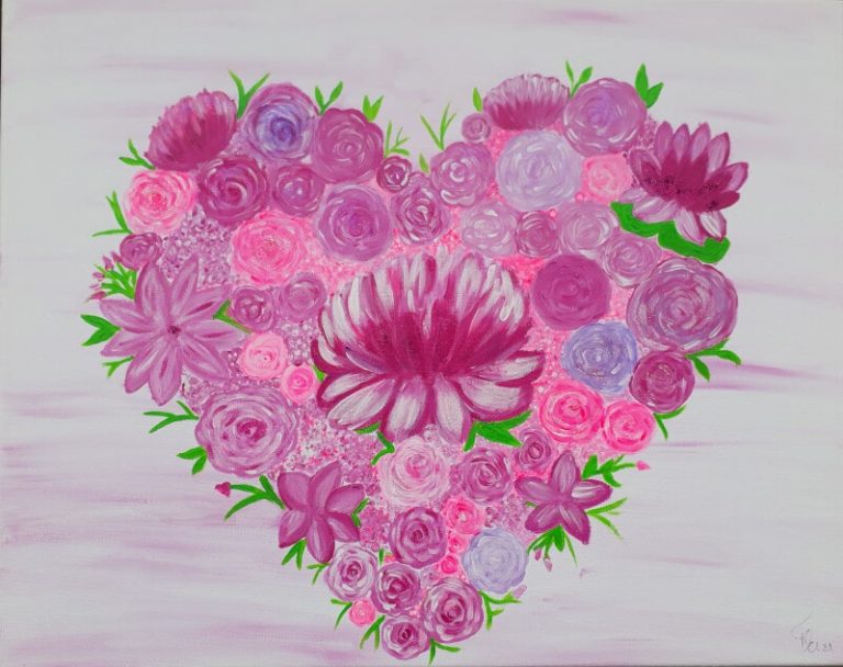 "Blüten Herz" pink, 40x50cm Leinwand, Acryl/Glitzer, Tatjana Esslinger - Beautyful Du