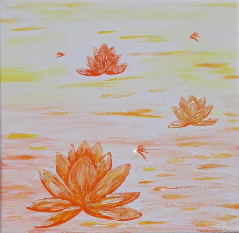 "Lotosblüten mit Elfen", 30x30cm Leinwand, Acryl/Glitzer, Tatjana Esslinger - Beautyful Du
