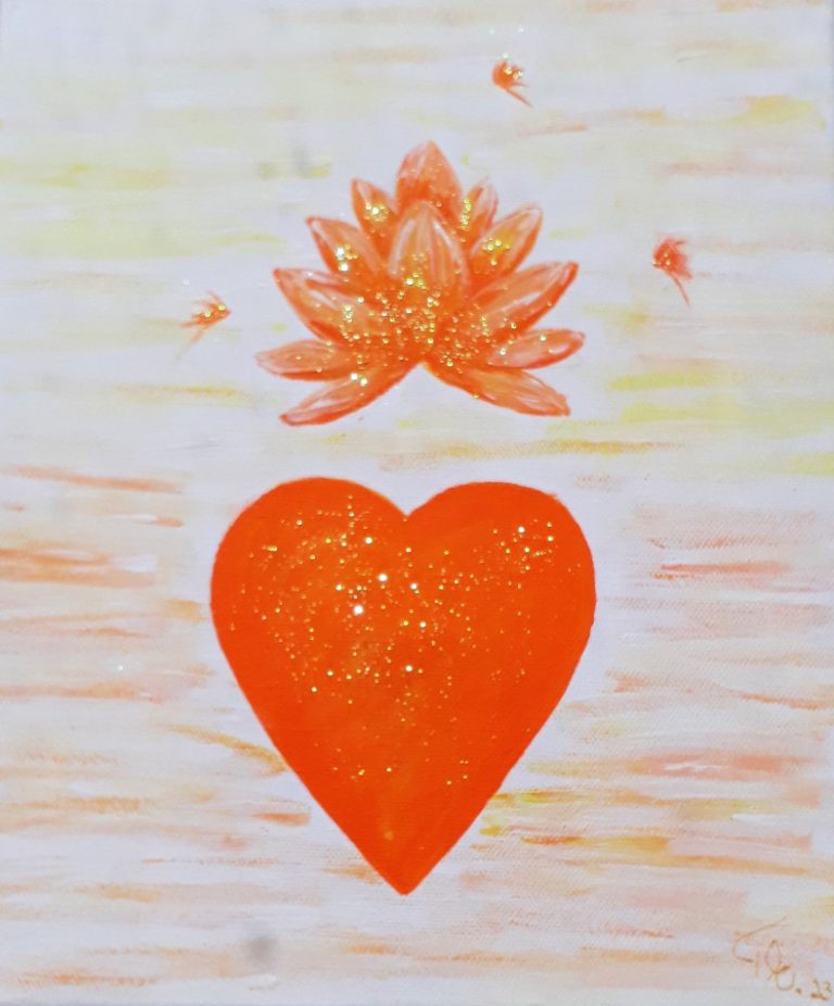 Lotusblüten Herz, Orange, Acryl, Leinwand, Glitzer, 30x25 cm, Tatjana Esslinger Beautyful Du